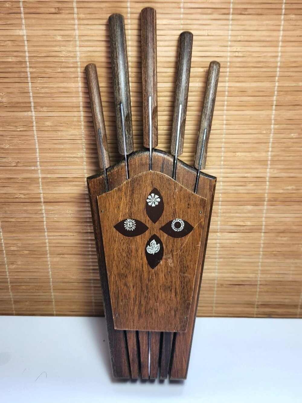 Vintage Imperial Japan Knife Block Hand Carved Inlaid Wood Wall Set 1960s MCM